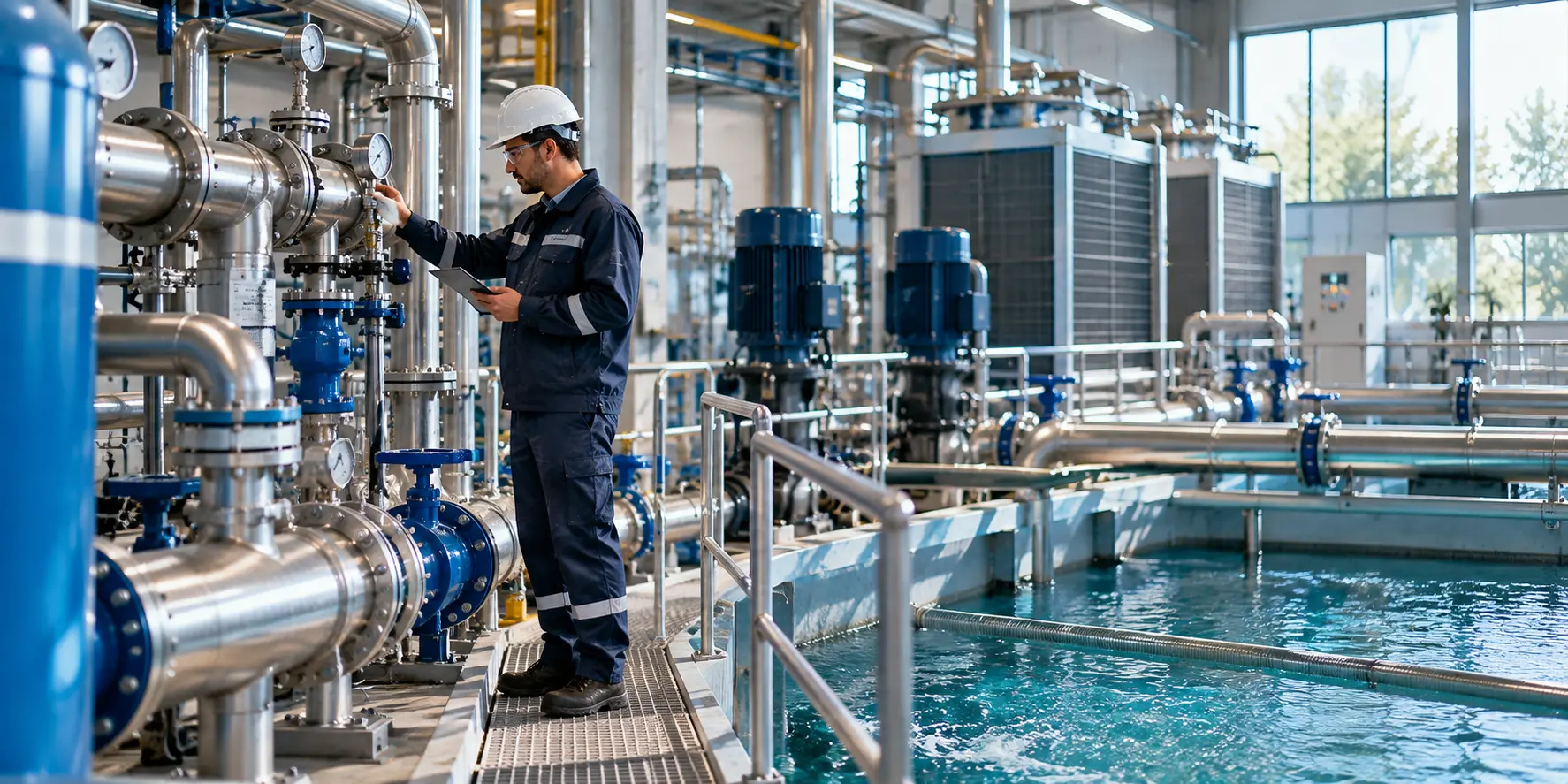Endüstriyel su arıtma tesisinde boru hatlarını kontrol eden teknisyen