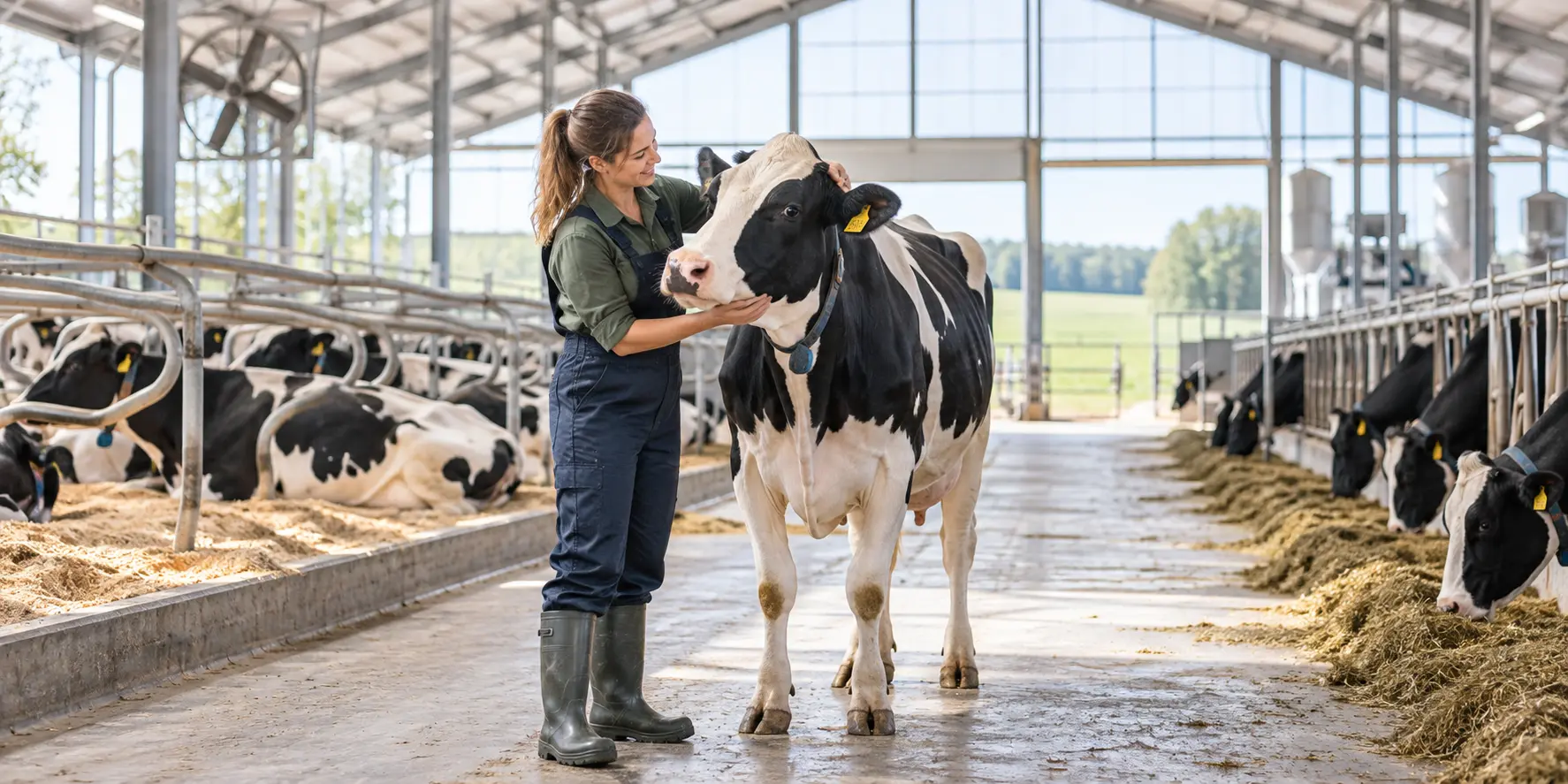 Modern ahırda Holstein ineğiyle ilgilenen yetiştirici