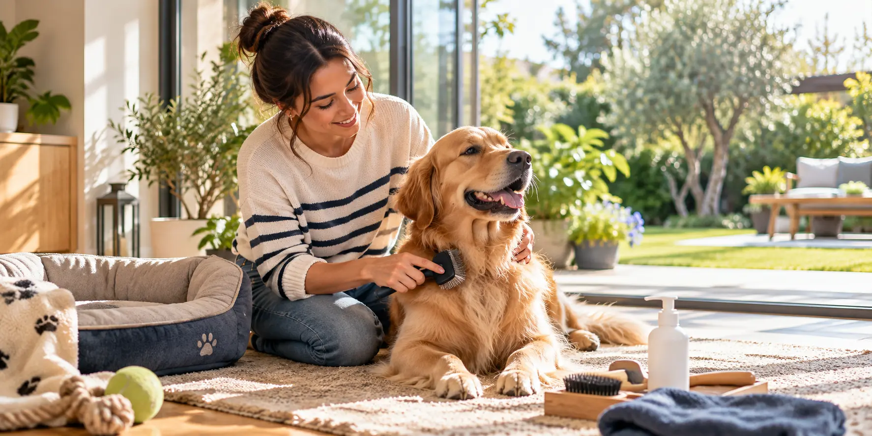 Güneş alan ev ortamında Golden Retriever köpeğinin tüylerini fırçalayan kadın
