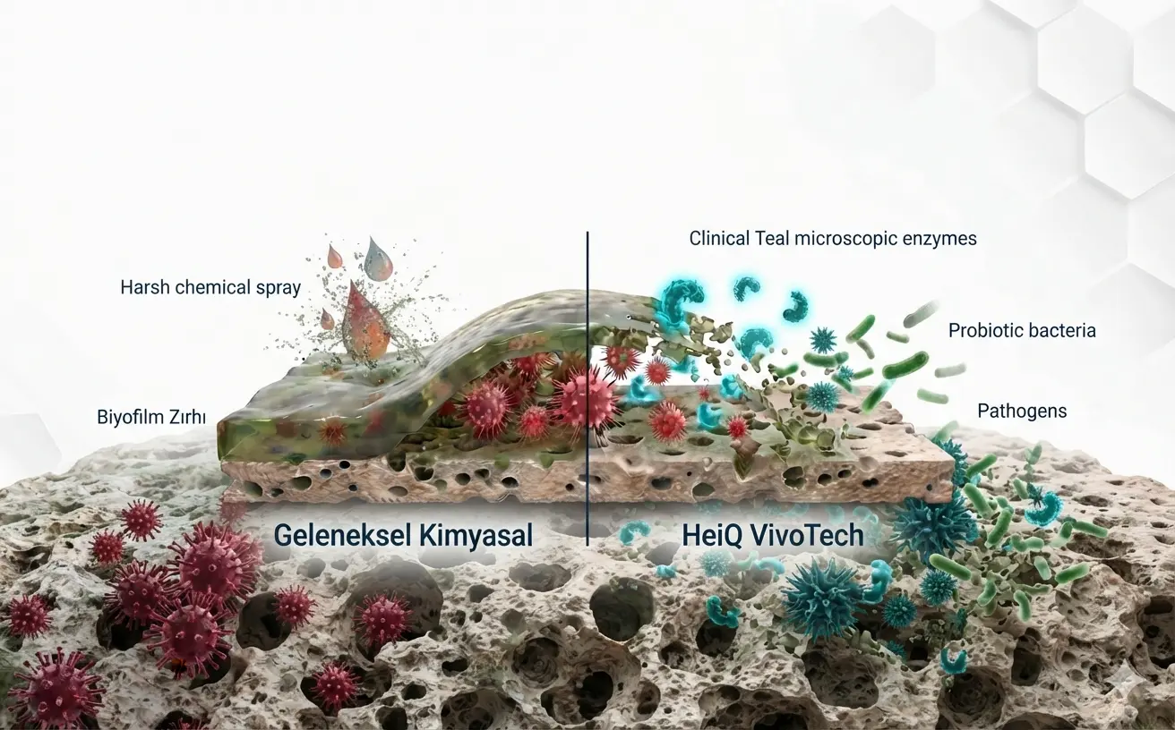 Biyofilm bariyerinde geleneksel kimyasal temizlik ile HeiQ VivoTech probiyotik teknolojisinin karşılaştırması